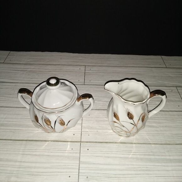 Vintage Lefton China Hand Painted Sugar Bowl & Creamer #20183 White Gold Wheat - Picture 1 of 9